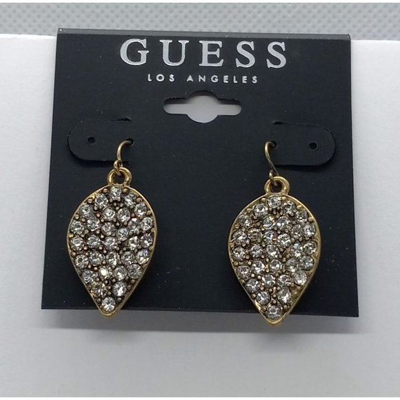 Guess Jewelry - Guess Los Angeles Leaf Crystal Cluster Brass Tone Drop Dangle Wire Earrings